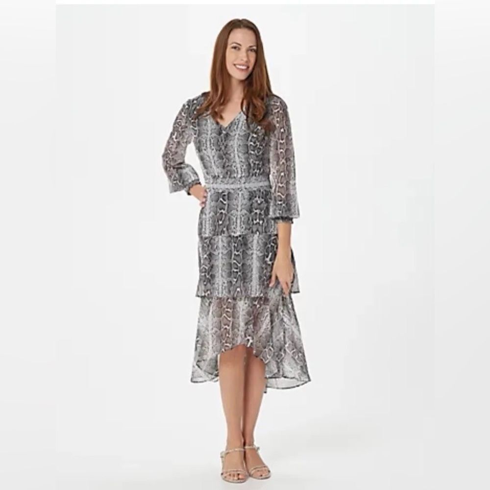 NWT Sam Edelman Snakeskin Tiered Ruffle Long Sleeve Midi Dress Grey Plus Size 1X